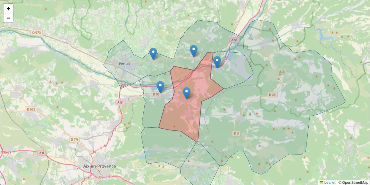 Carte de la zone du code postal  et des codes postaux voisins en France