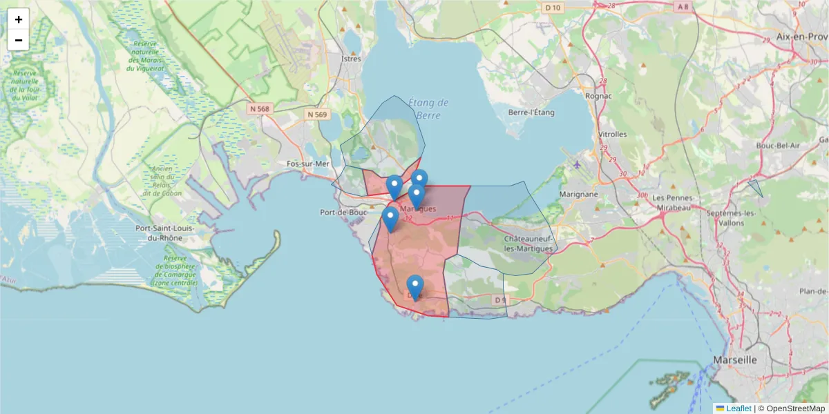 Carte de la zone du code postal  et des codes postaux voisins en France