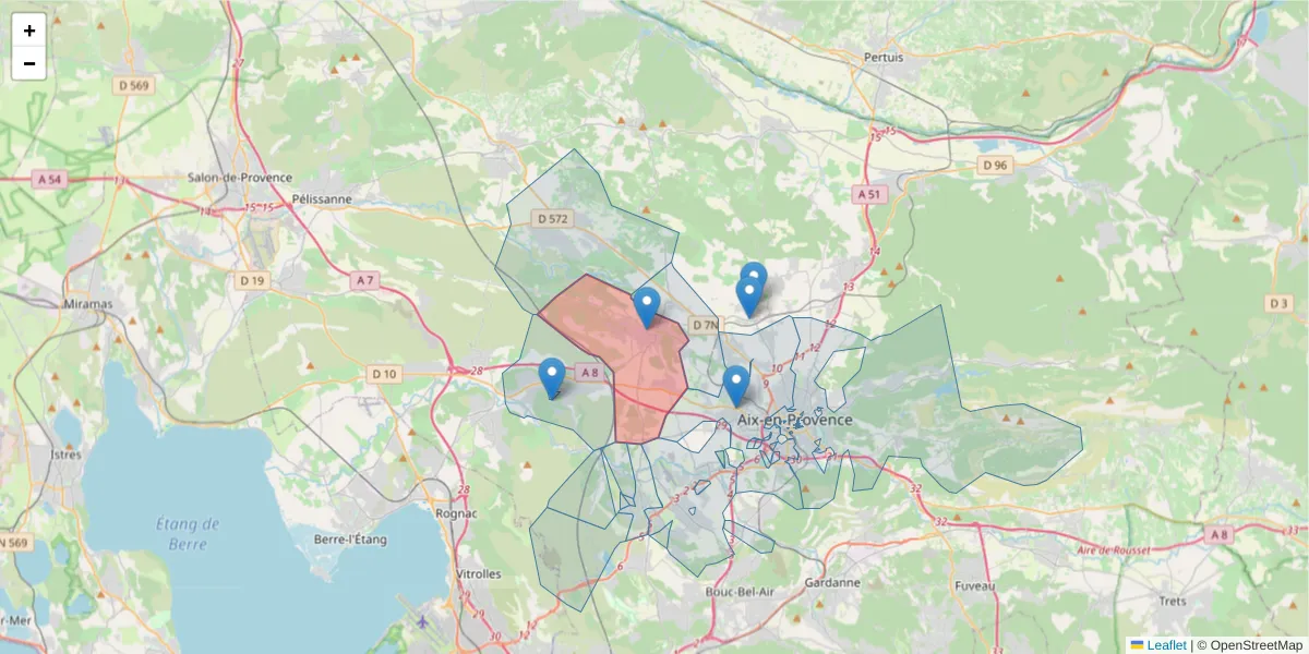 Carte de la zone du code postal  et des codes postaux voisins en France