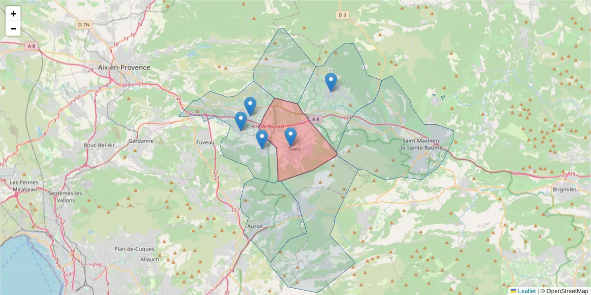 Carte de la zone du code postal  et des codes postaux voisins en France