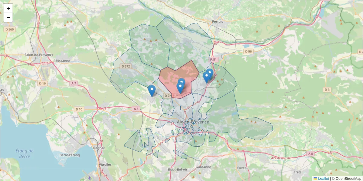 Carte de la zone du code postal  et des codes postaux voisins en France