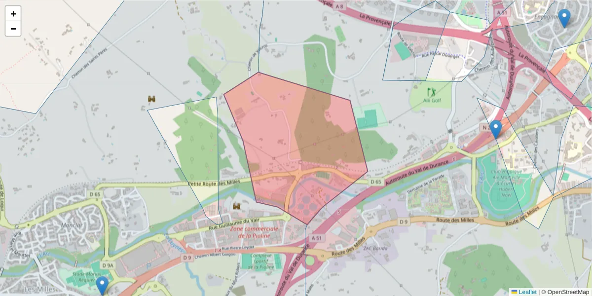 Carte de la zone du code postal  et des codes postaux voisins en France