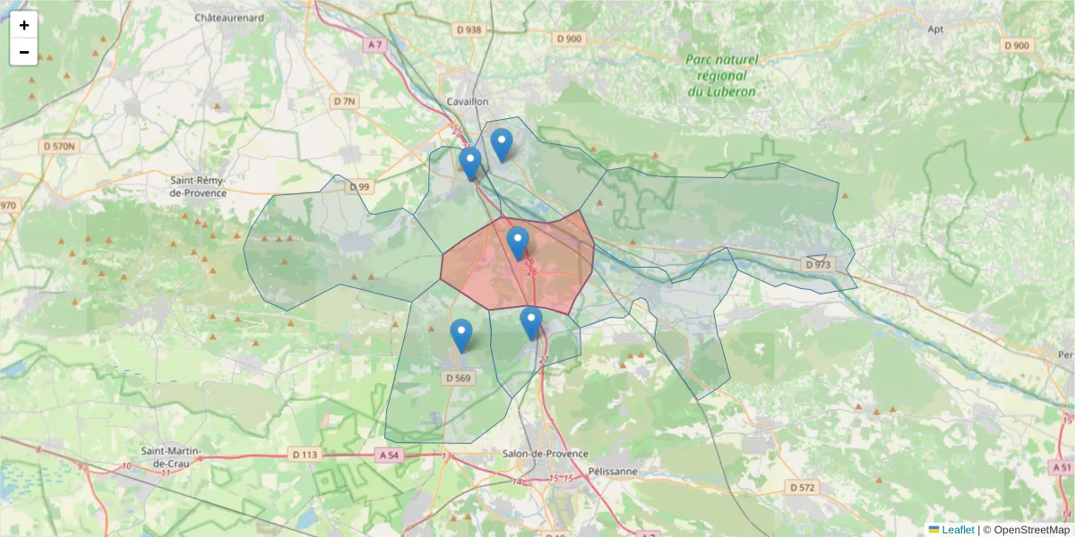 Carte de la zone du code postal  et des codes postaux voisins en France