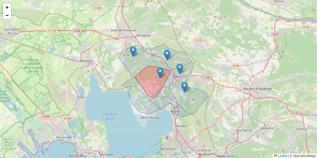 Carte de la zone du code postal  et des codes postaux voisins en France