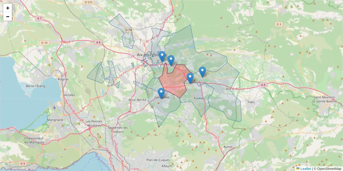 Carte de la zone du code postal  et des codes postaux voisins en France