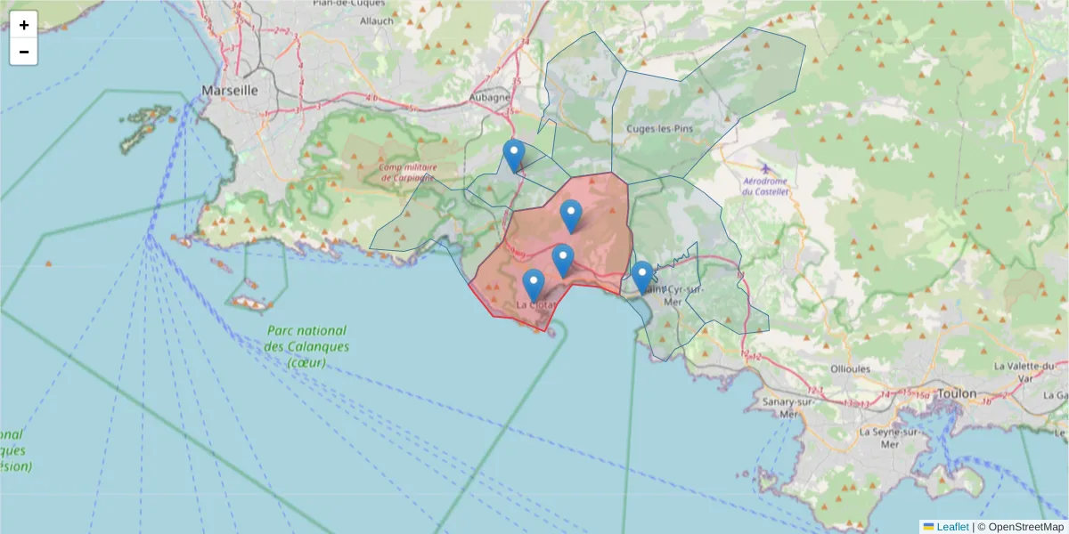 Carte de la zone du code postal  et des codes postaux voisins en France