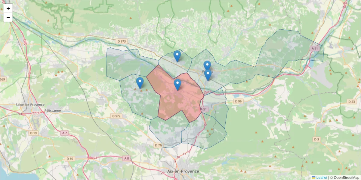 Carte de la zone du code postal  et des codes postaux voisins en France