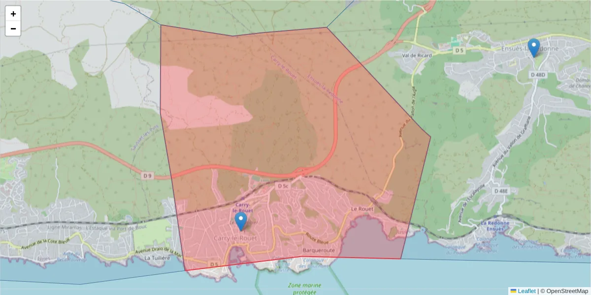 Carte de la zone du code postal  et des codes postaux voisins en France