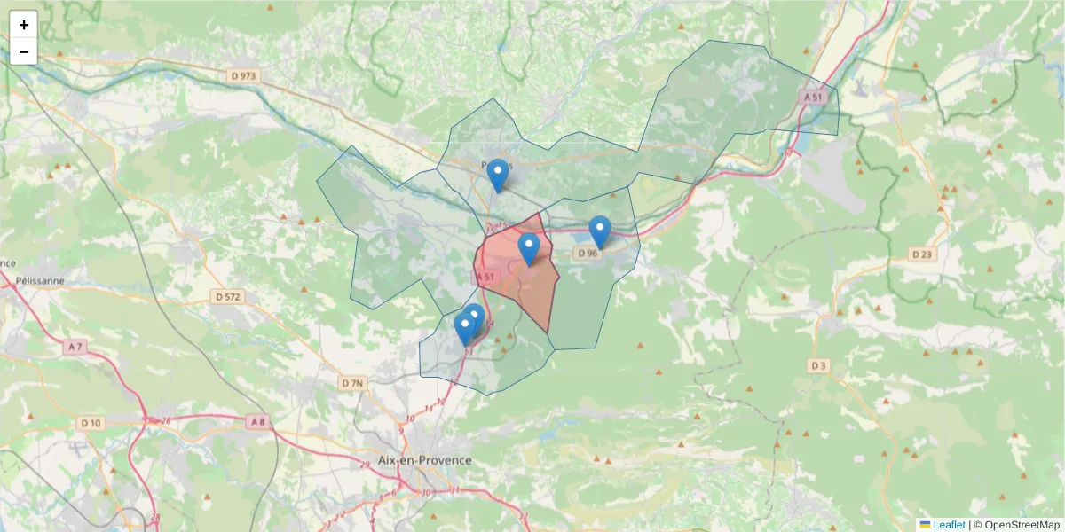Carte de la zone du code postal  et des codes postaux voisins en France