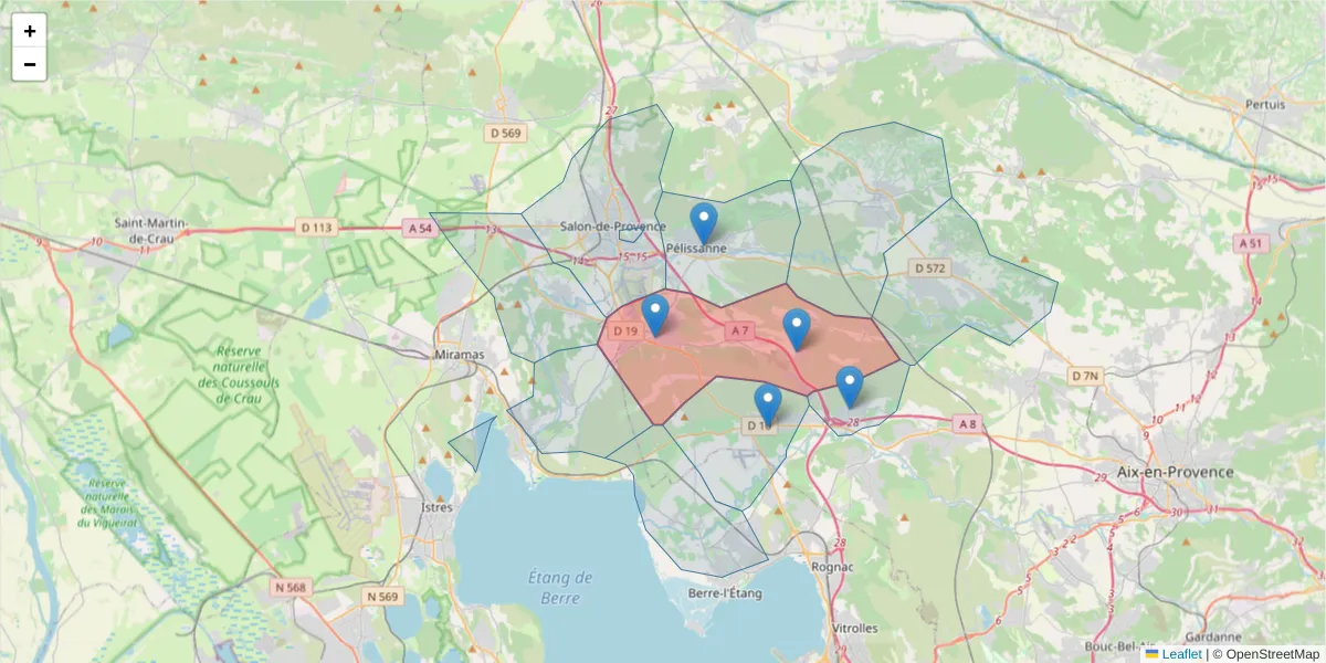 Carte de la zone du code postal  et des codes postaux voisins en France