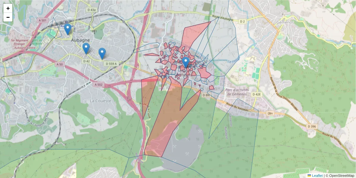 Carte de la zone du code postal  et des codes postaux voisins en France