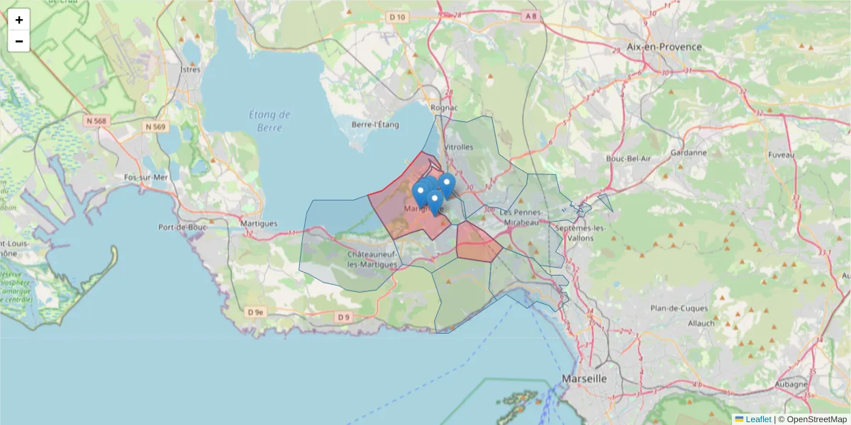 Carte de la zone du code postal  et des codes postaux voisins en France