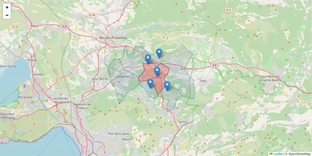 Carte de la zone du code postal  et des codes postaux voisins en France