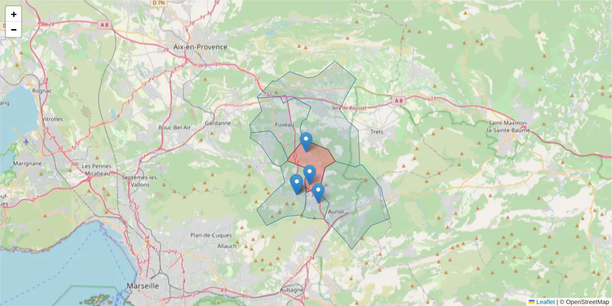 Carte de la zone du code postal  et des codes postaux voisins en France