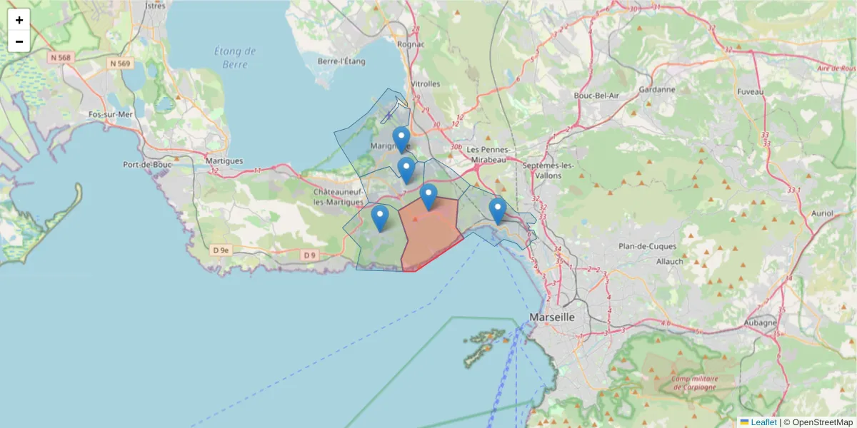 Carte de la zone du code postal  et des codes postaux voisins en France
