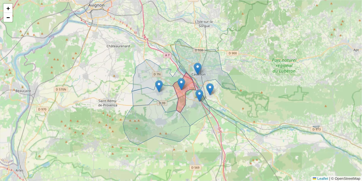 Carte de la zone du code postal  et des codes postaux voisins en France