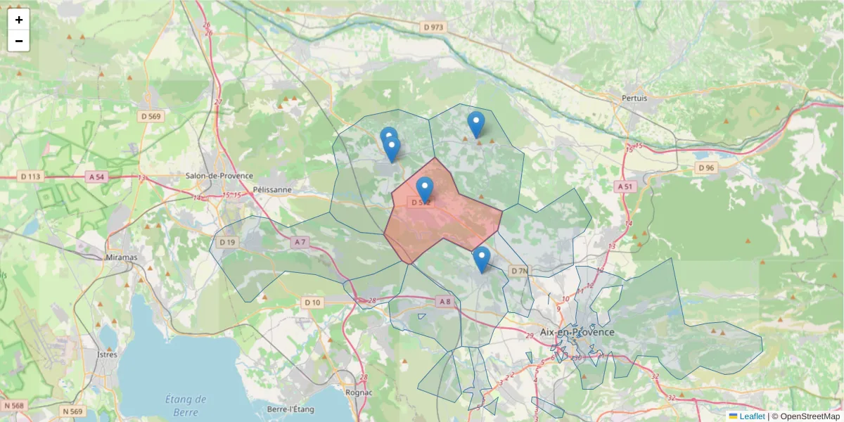 Carte de la zone du code postal  et des codes postaux voisins en France