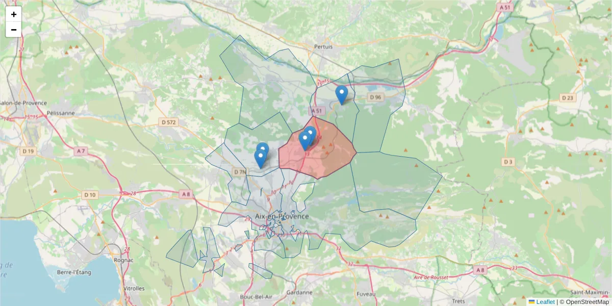 Carte de la zone du code postal  et des codes postaux voisins en France