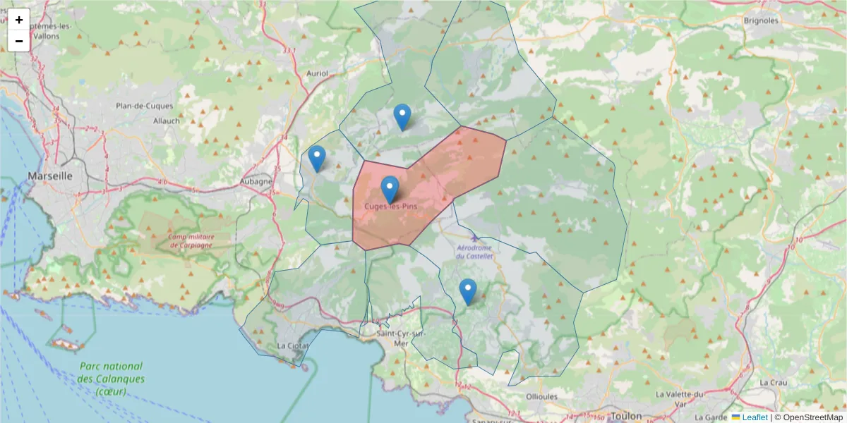 Carte de la zone du code postal  et des codes postaux voisins en France