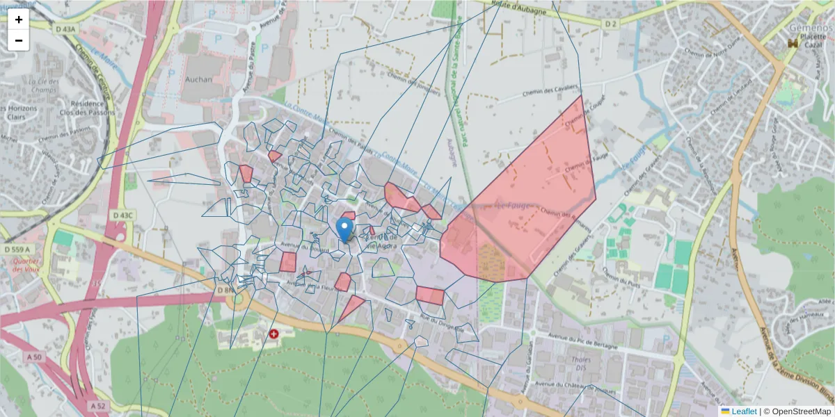 Carte de la zone du code postal  et des codes postaux voisins en France