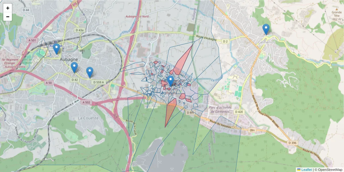 Carte de la zone du code postal  et des codes postaux voisins en France