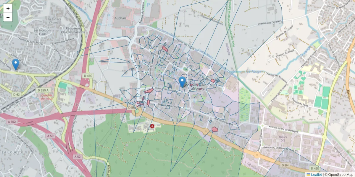 Carte de la zone du code postal  et des codes postaux voisins en France