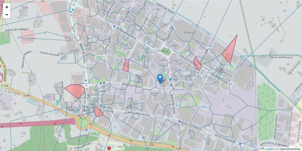 Carte de la zone du code postal  et des codes postaux voisins en France
