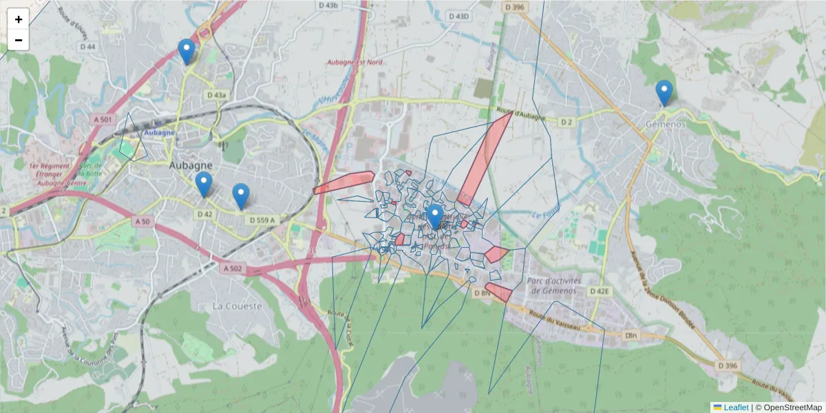 Carte de la zone du code postal  et des codes postaux voisins en France