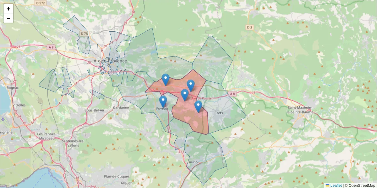 Carte de la zone du code postal  et des codes postaux voisins en France