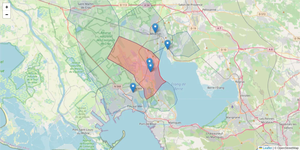 Carte de la zone du code postal  et des codes postaux voisins en France