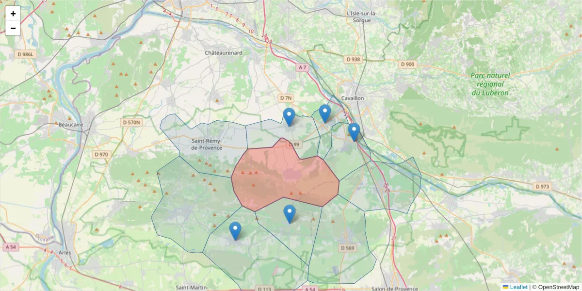 Carte de la zone du code postal  et des codes postaux voisins en France