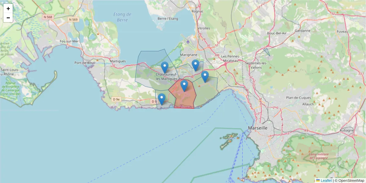 Carte de la zone du code postal  et des codes postaux voisins en France