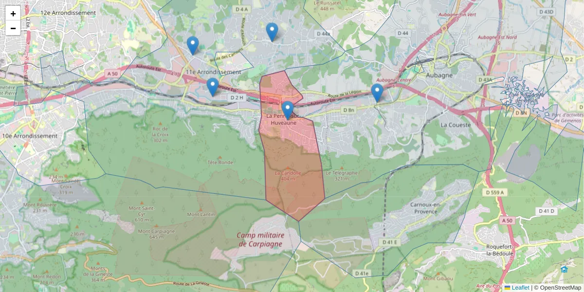 Carte de la zone du code postal  et des codes postaux voisins en France