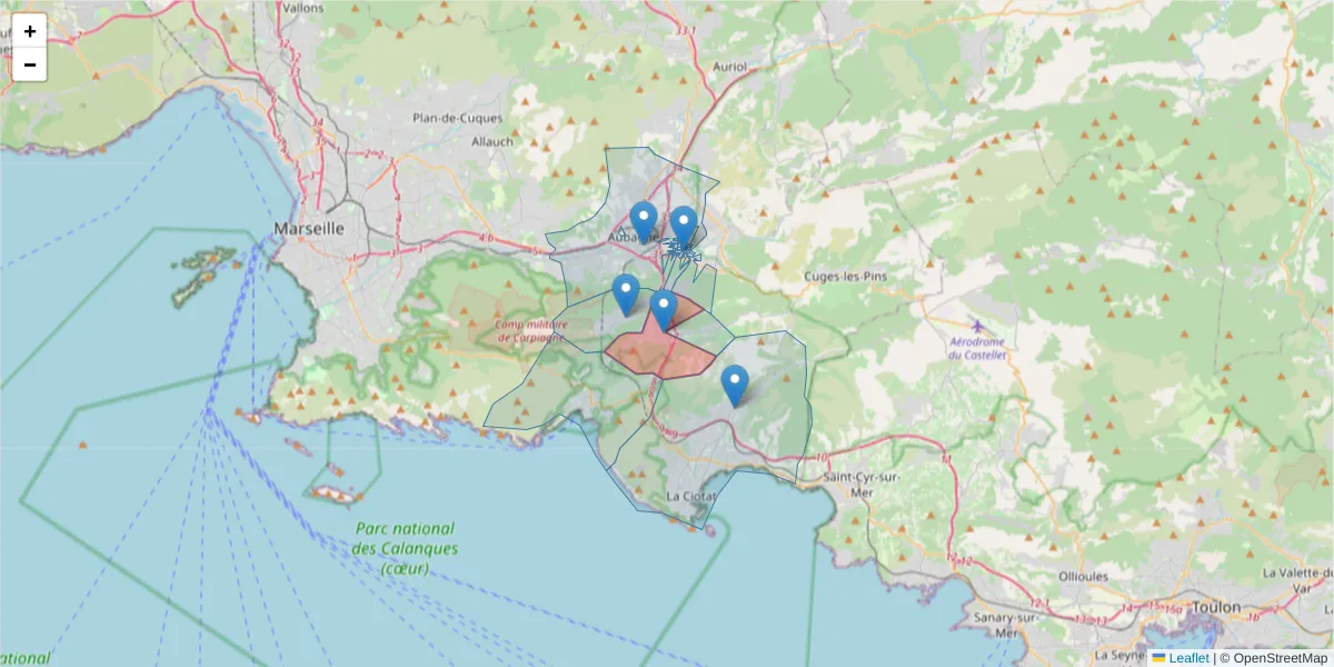 Carte de la zone du code postal  et des codes postaux voisins en France