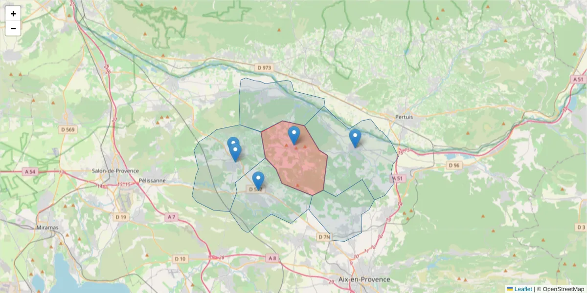 Carte de la zone du code postal  et des codes postaux voisins en France