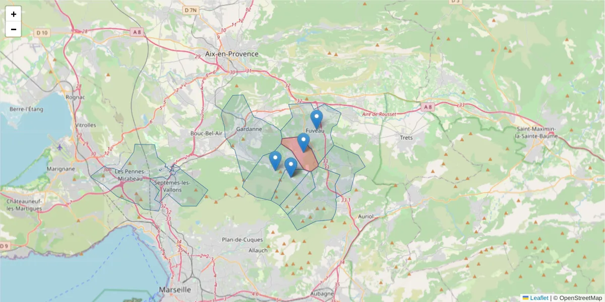 Carte de la zone du code postal  et des codes postaux voisins en France