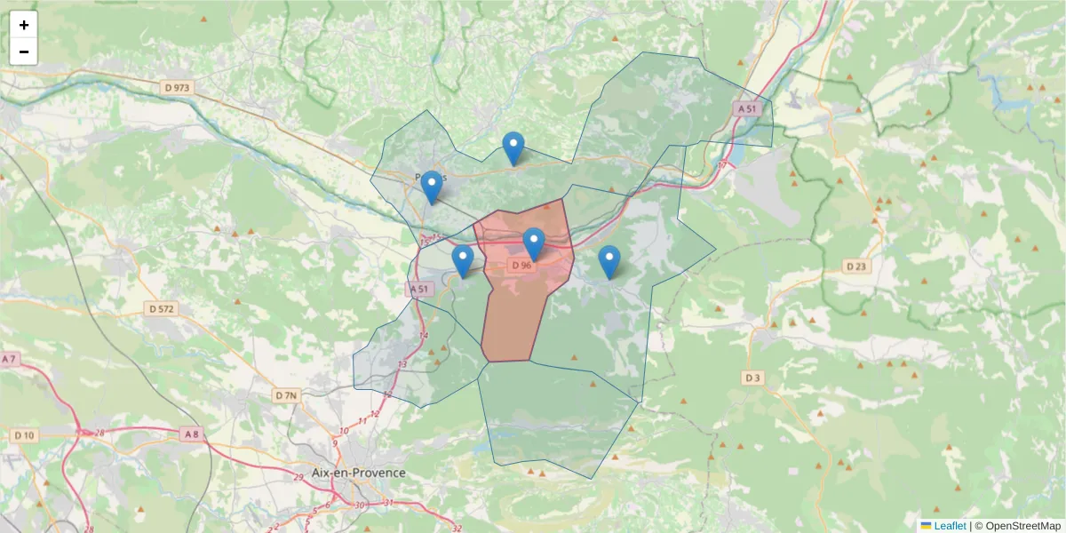 Carte de la zone du code postal  et des codes postaux voisins en France