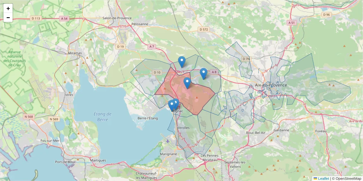 Carte de la zone du code postal  et des codes postaux voisins en France