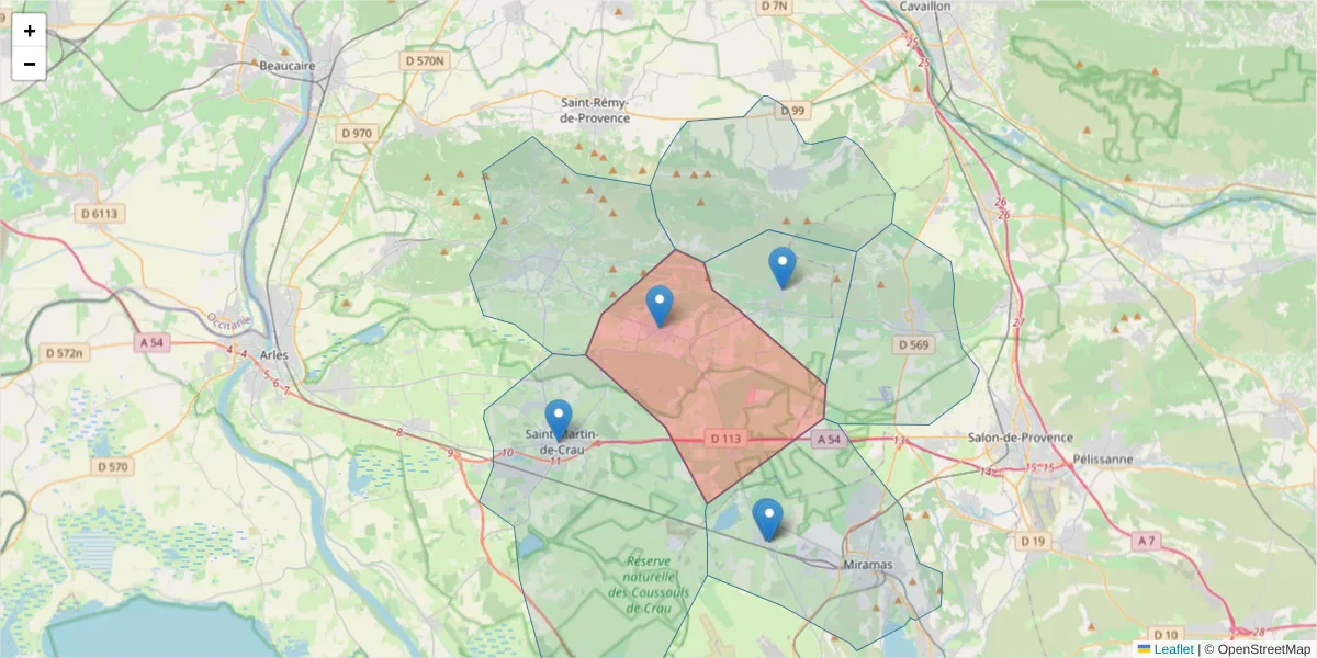 Carte de la zone du code postal  et des codes postaux voisins en France