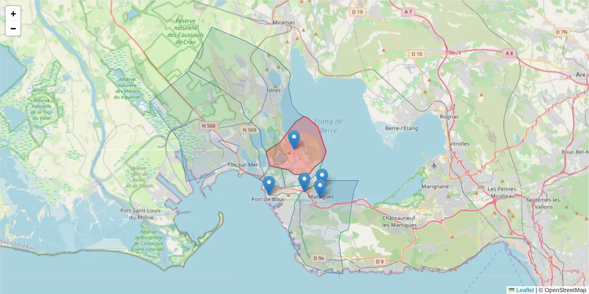 Carte de la zone du code postal  et des codes postaux voisins en France
