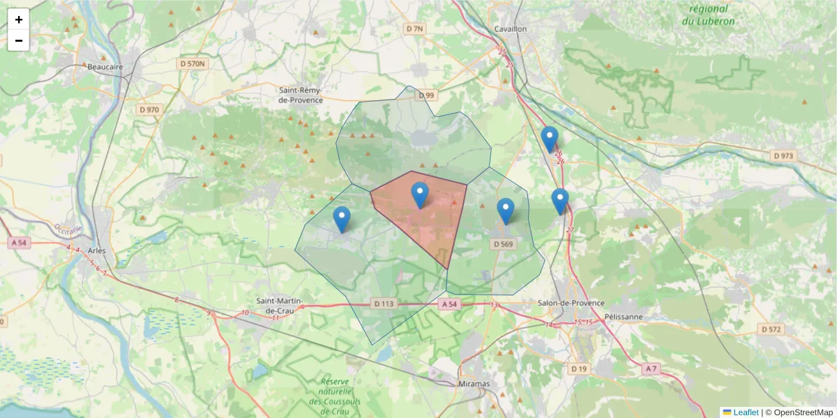 Carte de la zone du code postal  et des codes postaux voisins en France