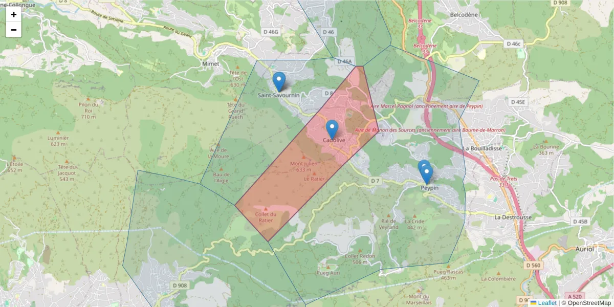 Carte de la zone du code postal  et des codes postaux voisins en France