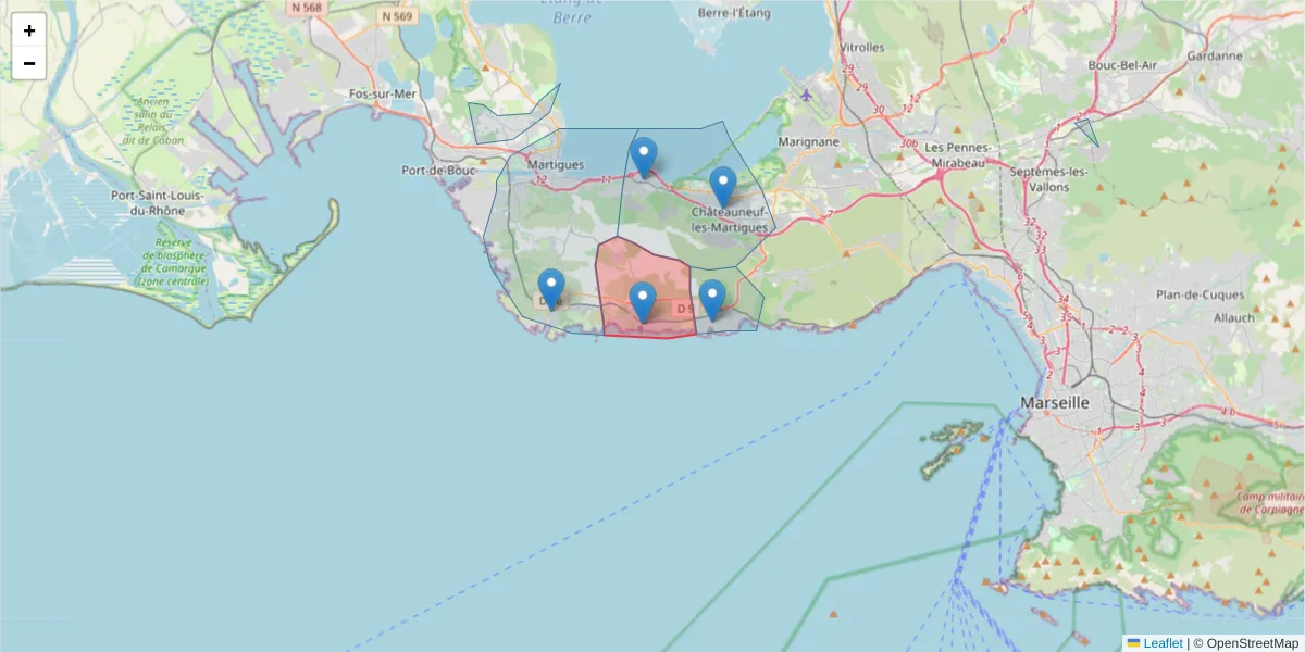 Carte de la zone du code postal  et des codes postaux voisins en France