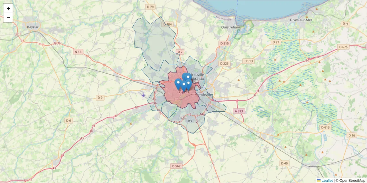 Carte de la zone du code postal  et des codes postaux voisins en France
