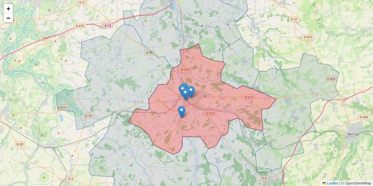 Carte de la zone du code postal  et des codes postaux voisins en France
