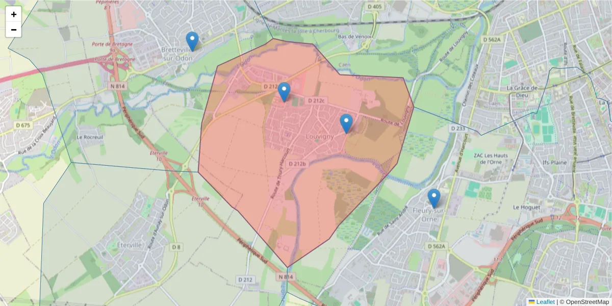 Carte de la zone du code postal  et des codes postaux voisins en France