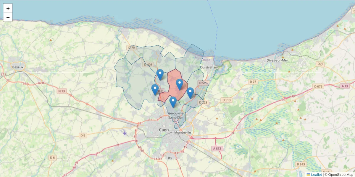 Carte de la zone du code postal  et des codes postaux voisins en France