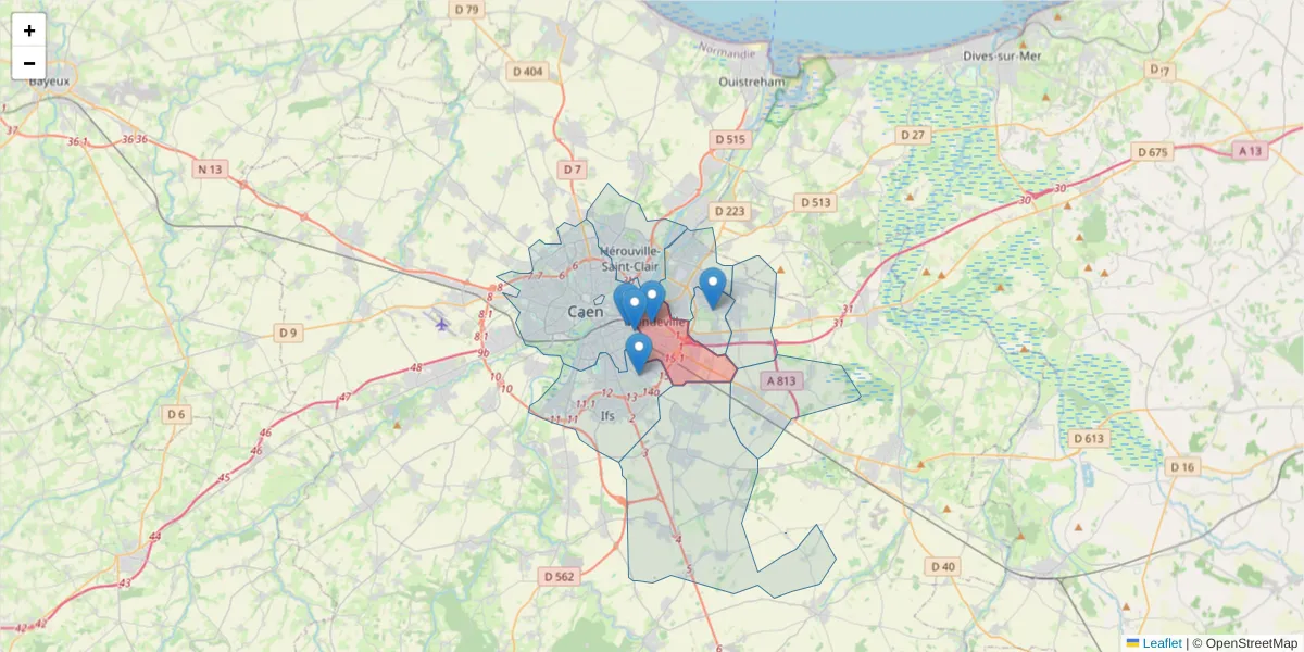 Carte de la zone du code postal  et des codes postaux voisins en France