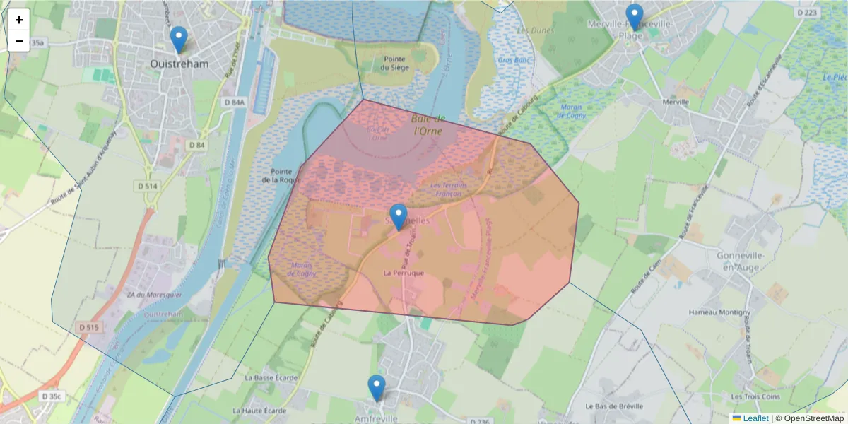 Carte de la zone du code postal  et des codes postaux voisins en France