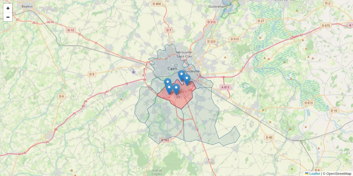 Carte de la zone du code postal  et des codes postaux voisins en France